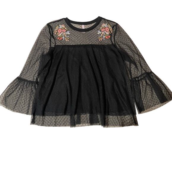 Xhilaration Tops - Xhilaration Floral Embroidered Black Mesh Bell Sleeve Tulle Whimsygoth Blouse Lg